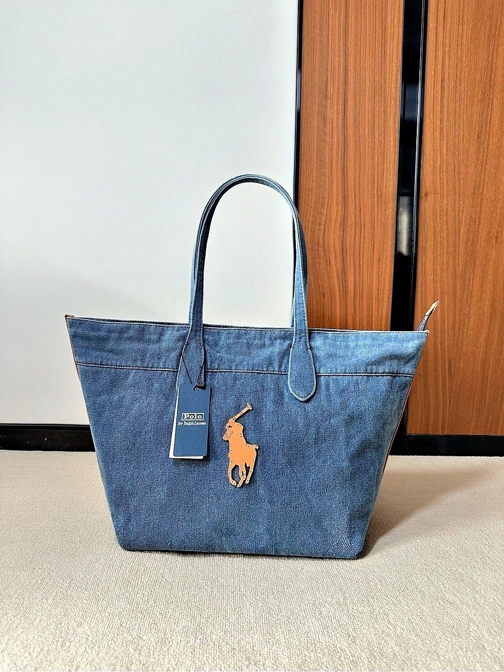 Polo Ralph Lauren Denim Tote Bag Orange Pony Logo Handbag